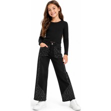 İrem Çocuk Giyim Kız Çocuk Üzeri Taş Detaylı Beli Lastik Ayarlamalı Cepli Geniş Paça Model Likralı Siyah Renk Kot Pantolon