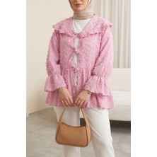 Moda Morfo Önü Bağcıklı Tüylü Dokulu Clip Jakar Kimono -Pembe