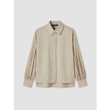 LC Waikiki Lcw Modest Bej Loose Fit Pileli Kadın Gömlek