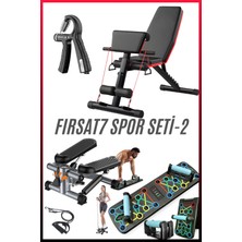 Spor Seti 2 | Profesyonel Bench Press, Katlanabilir Şınav Tahtası, Lastikli Mini Stepper, Sayaçlı Ayarlanabilir El Yayı 5-60 kg