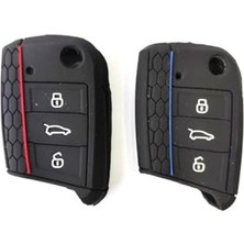 MarkEntegra Skoda Kamiq ile Uyumlu 2 Adet Çizgili Silikon Anahtar Kabı Siyah Kırmızı Siyah Mavi 2'li Set Anahtar Kılıfı