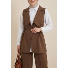 Moda Morfo Kruvaze Yaka Beli Lastikli Yelek Pantolon Modal Takım -Kahve