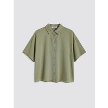 LC Waikiki Xsıde Haki Oversize Keten Karışımlı Kadın Gömlek