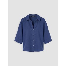 LC Waikiki Lcw Vision Indigo Oversize Keten Karışımlı Kadın Gömlek