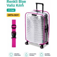 Trink Çanta Şeffaf Valiz Koruyucu Kılıf ve Valiz  Kemeri * 1'er Adet  *  Pembe - Orta