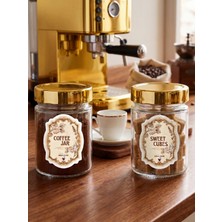 Milea 2'li Gold Kapaklı Şeffaf Cam Kahve ve Şeker Kavanozu Mutfak Organizer Kahve Köşesi Seti–coffee Jar&sweet Cubes Yazılı Suya Dayanıklı Etiketli–ahşap Kaşıklı 2'li SET-350 ml