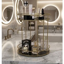 Statika Home Eskitme Gold Banyo Kozmetik Takı Makyaj Düzenleyici Çok Organizer 2 Katlı Servis Sunum Tepsisi Ikramlık