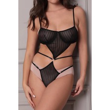 Intive Lingerie Transparan Siyah Dekolteli Balenli Fantazi Iç Giyim Body TM1408