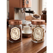 Milea 2'li Şeffaf Cam Bakır Bronz Kapaklı Kahve ve Şeker Kavanozu Mutfak Organizer Kahve Köşesi Seti–coffee Jar&sweet Cubes Yazılı Suya Dayanıklı Etiketli–ahşap Kaşıklı 2'li SET-350 ml