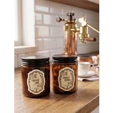 Milea 2'li Amber Cam Kahve ve Şeker Kavanozu Mutfak Organizer Kahve Köşesi Seti–coffee Jar&sweet Cubes Yazılı Suya Dayanıklı Etiketli–ahşap Kaşıklı 2'li SET-270 ml
