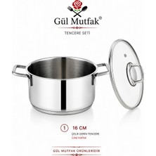 Gül Mutfak Cam Kapaklı Tabanlı Çelik Tencere 16 cm Paslanmaz Çelik
