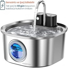 Haustier PWL-010 Otomatik Kablosuz Kedi Su Pınarı, 3.2lt Geniş Hazne, Bataryalı, Paslanmaz Çelik, Sensörlü, Şarj Edilebilir, Ultra Sessiz, (Metal)
