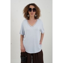 Zelish My Sister Mavi Simli V Yaka Yıkamalı Modal Tshirt