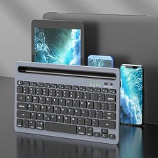 BK100 Kablosuz Bluetooth Şarj Edilebilir, Çoklu Cihaz ile Uyumlu, Telefon/tablet Tutucu Kart Yuvası, Akıllı Uyku Modlu, 40 Saat Çalışma, 78 Tuş, Kompakt Ultra Ince Qwerty Türkçe Q Klavye Gri