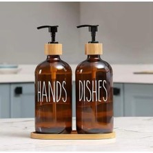 Cam Dispenser Seti – 2’li Şişe (Hands & Dishes Etiketli), Bambu Kapaklı, Sıvı Sabun & Deterjan Pompası
