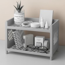 Çok Amaçlı 2 Katlı Organizer Raf – Gri Plastik Düzenleyici Stand – Banyo, Mutfak, Masaüstü ve Ofis Için – 25 x 18 cm
