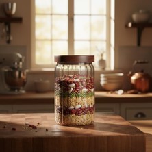 Bliss Store Akasya Kapaklı Çizgili Cam Kavanoz (750 Ml) | Hava Geçirmez, Modern Fitilli Tasarım Gıda Saklama Kabı | Bakliyat, Kahve, Çay ve Kuruyemiş Kavanozu (9X15 Cm)