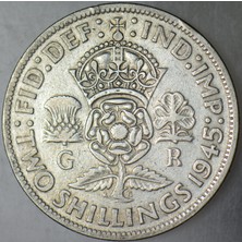 Banknoting Birleşik Krallık 2 Şilin 1945 Gümüş. Kral 6. George - Ikinci Dünya Savaşı Dönemi. 11,1 Gr.