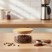 Bliss Store Linie Slim Bambu Kapaklı Borosilikat Cam Saklama Kabı - 300 ml Çizgili Vakumlu Baharatlık, Çay ve Kahve Kavanozu