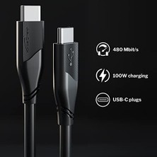 Bliss Store – Usb-C Kablosu, USB 2.0 – 1 M (Usb-C - Usb-C, Veri Kablosu/şarj Kablosu, Güç Dağıtımı ile 480 Mbit/s ve 100 W'a Kadar Şarj Akımı/pd 3, Entegre Çip, Siyah)