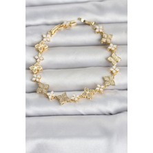 Hobilinka Pirinç Zirkon Taşlı ve Mineli Yonca Model Gold Renk Kadın Bileklik TJ-BB8497
