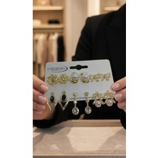 twingold Gold Renk Çiçek Papyon Figürlü 6'lı Küpe Seti