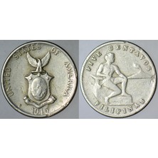Banknoting Filipinler 5 Centavos 1945 S. Savaş Sonrası Amerikan Idaresi.