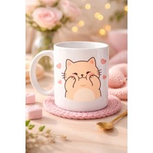 TKÇ Sevimli Kedi Tasarımlı Porselen Kupa Model 193 – Kalpli Cute Cat Baskılı Kahve Kupası – Sev