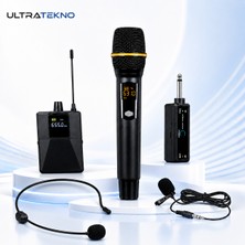 UltraTekno Uhf Kablosuz Mikrofon Seti El Yaka Çene Mikrofonlu 6.5 mm Alıcılı 3.5 mm Çeviricili Şarjlı Profesyonel Ses Sistemi