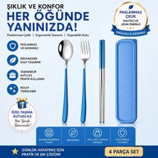 Mavi Renk Premium Çocuk Paslanmaz Çelik Çatal-Kaşık ve Çubuk Set, 5 Parça (24+ Ay)