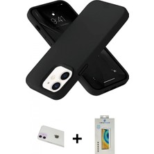 Pileli Store Pilelistore™ iPhone 12 Kılıf Ahenk Serisi - Siyah Polymer Nano Ekran Koruyucu + Rainbow Kamera Lens Koruma Cam - Mr