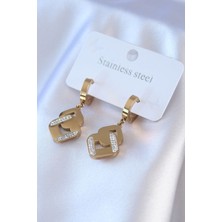 TKÇ 316L Çelik Gold Renk Zirkon Taşlı Kadın Küpe