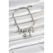 Callerrons Accessories Pirinç Gümüş Renk Göz Model Charmlı Kadın Bileklik - EBJ260509W42077
