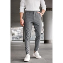 Modamesto Erkek Füme Slim Fit Çizgili Likralı Yan Cep Bilek Boy Düz Kumaş Pantolon