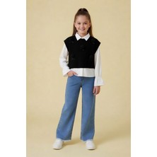 Cansın Mini Siyah Ponponlu Süveterli Gömlekli Kız Çocuk Jean Pantolonlu 3lü Takım 24105