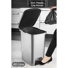 Citim Pedallı Gri Banyo Mutfak Çöp Kovası Siyah Kapaklı Slim Pedallı Çöp Kovası 40 Litre