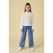 Cansın Mini Krem Ponponlu Süveterli Gömlekli Kız Çocuk Jean Pantolonlu 3lü Takım 24110