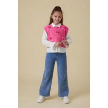 Cansın Mini Pembe Ponponlu Süveterli Gömlekli Kız Çocuk Jean Pantolonlu 3lü Takım 24106