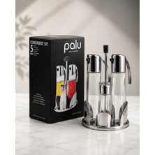 Palu Cam Yağdanlık Sirkelik Tuzluk Biberlik Seti Çelik Standlı 5 Parça