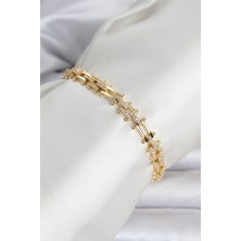 Pirinç Gold Renk Kare Zincir Model Zirkon Taşlı Kadın Bileklik TJ-BB8495 Midastech