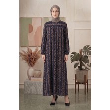 Sefa Merve Bürümcük Kumaş Robalı Desenli Elbise 0505B-01 Lacivert