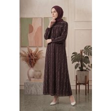 Sefa Merve Bürümcük Kumaş Robalı Desenli Elbise 0505C-01 Kahverengi