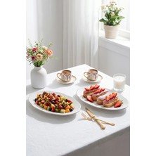Porsima 4451 Yonca Porselen Platin Fileli Kayık Tabak Seti - Oval Kahvaltılık Sunumluk Seti 30CM