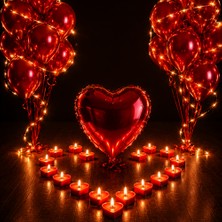 Tedaks Tutku Seti Kırmızı Balonlar Kırmızı Folyo Kalp Tealight Kırmızı Kalp Mum Yetişkin Süsleme