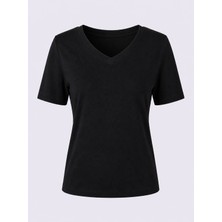 Trender V Yaka Siyah Kadın T-Shirt 1066
