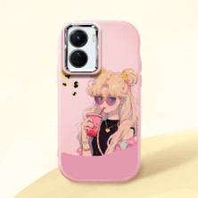 HONTINGA Vivo Y02S ile Uyumlu Kılıfı Kamera Korumalı Düşüme Önleyici Basitlik Pembe Yumuşak Silikon Telefon Kılıfı Güzel Kız Desenli K4-0045
