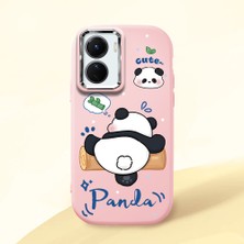 HONTINGA Vivo Y02S ile Uyumlu Kılıfı Kamera Korumalı Düşüme Önleyici Basitlik Pembe Yumuşak Silikon Telefon Kılıfı Panda Desenli K4-0037