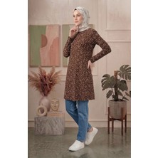 Sefa Merve Bürümcük Kumaş Desenli Tunik 0504-02 Kahverengi