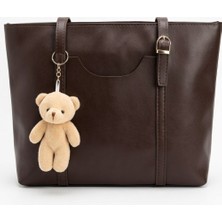 Kadın Kahverengi Omuz Çantası Teddy Anahtarlıklı Günlük Kullanım Şık Büyük Kadın Çanta