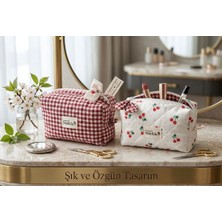 Matilda Handmade 2’li Kapitone Makyaj Çantası - Kiraz Desenli ve Kırmızı Pötikareli Kozmetik Düzenleyici Seti